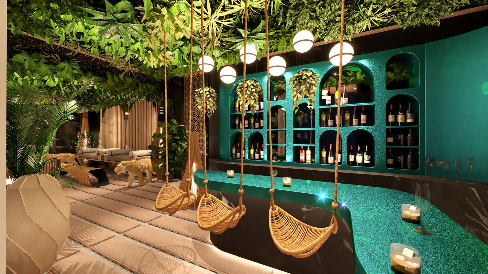 Circus — bar tropical et balançoires en rotin